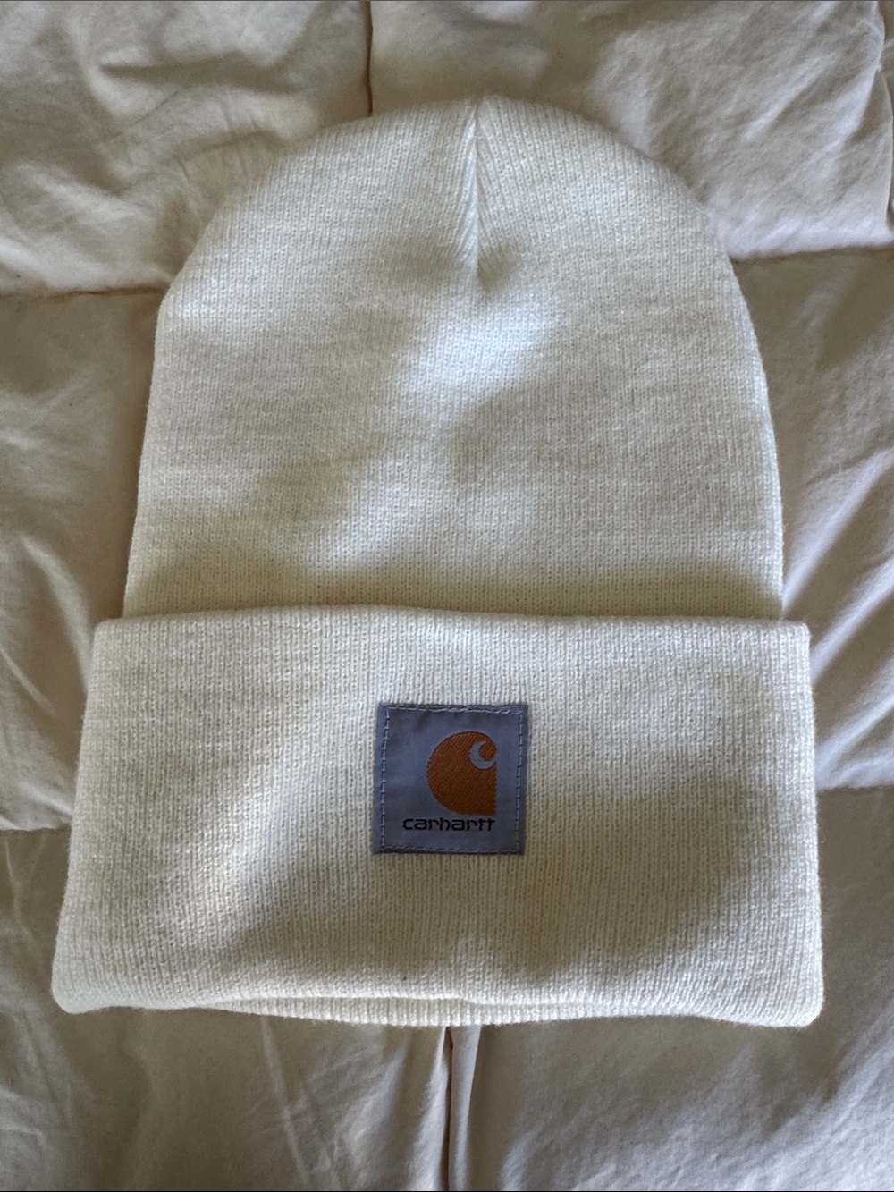 Carhartt Cream Cuffed Beanie with Logo Patch